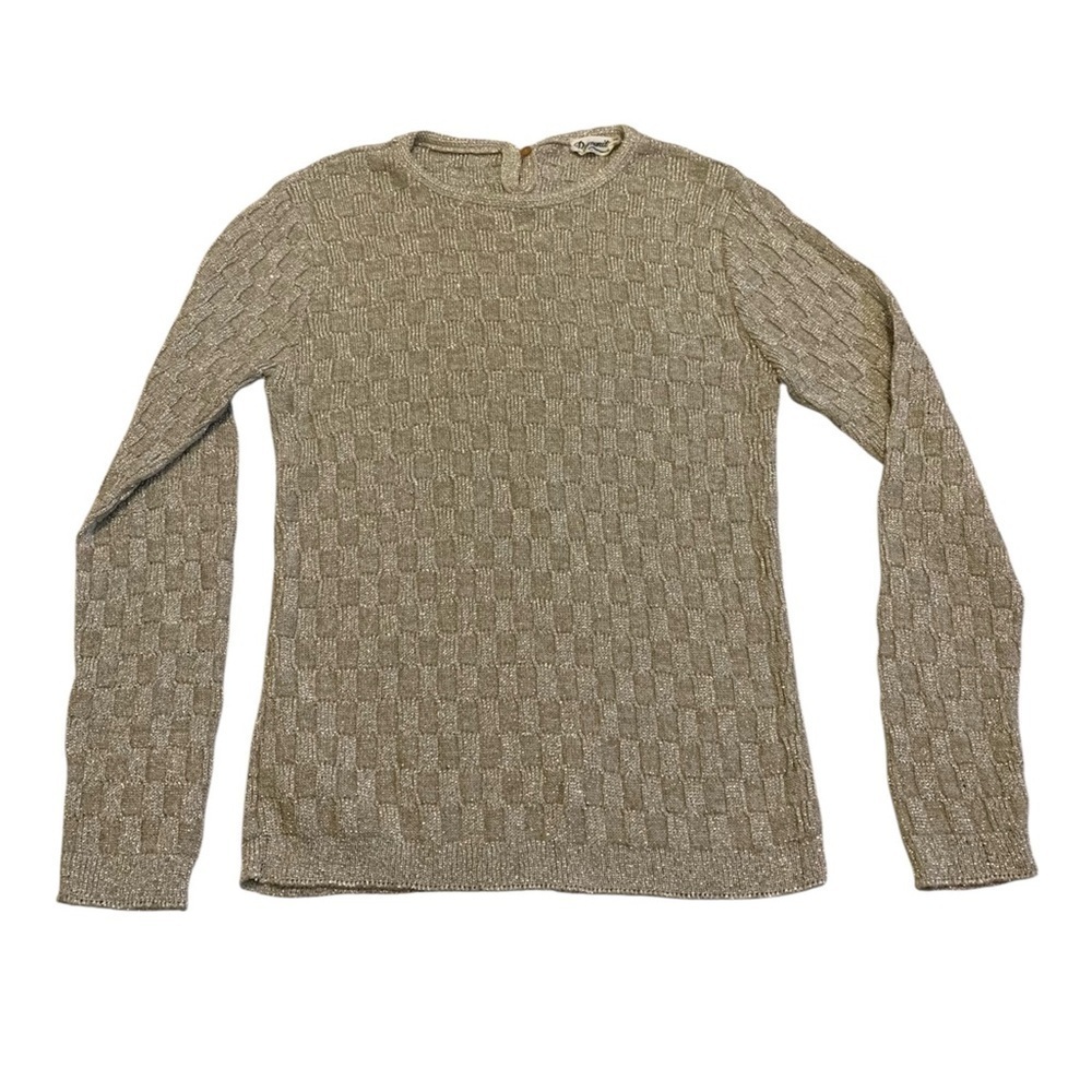 Vintage 70s Romanita Gold Lurex Textured Knit Sweater - Back Buttons Size Small